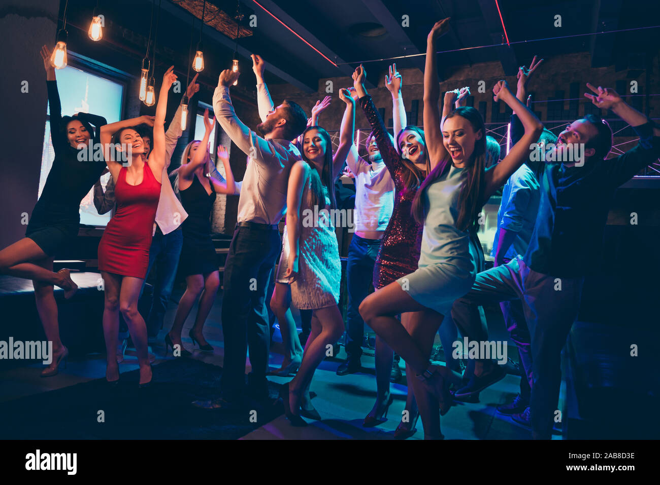 Full size photo of cheerful positive crazy group people company