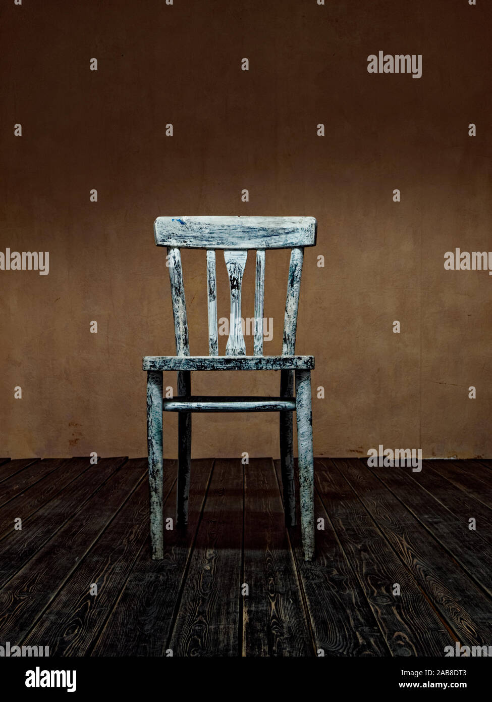 An Old Wooden Chair Painted In Places With White Paint Sometimes
