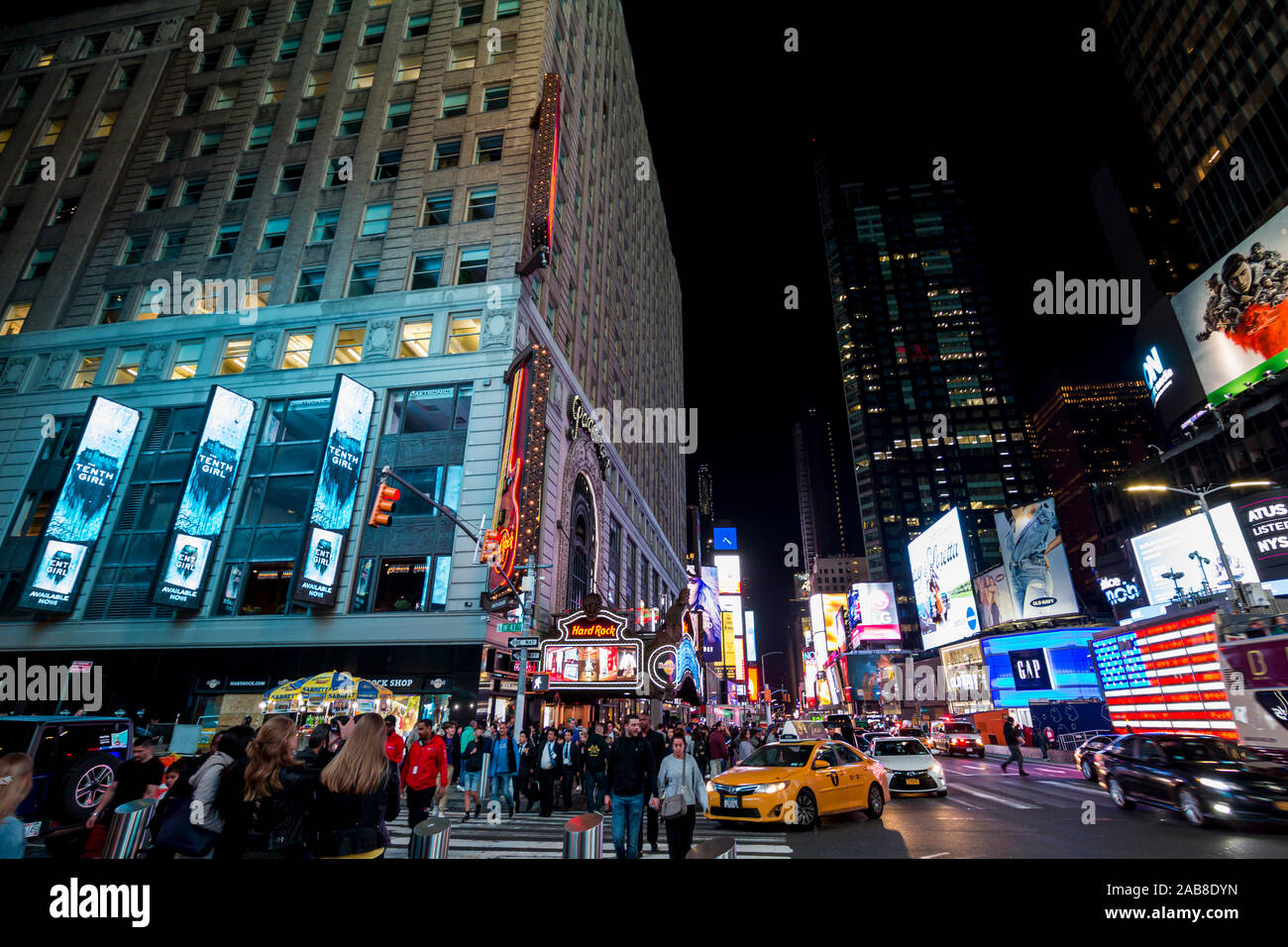 New York city, United States: October 15, 2019: Times Square, a busy and crowded intersection in Manhattan, with many neon ads in an iconic street of Stock Photo
