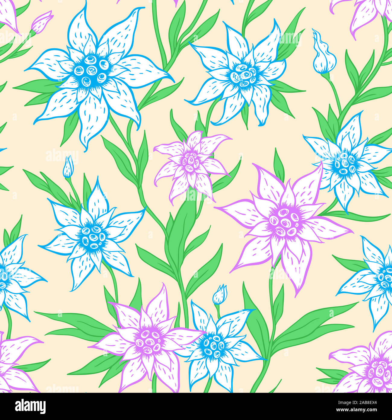 Vector seamless pattern with blue flowers and leaves Stock Photo - Alamy
