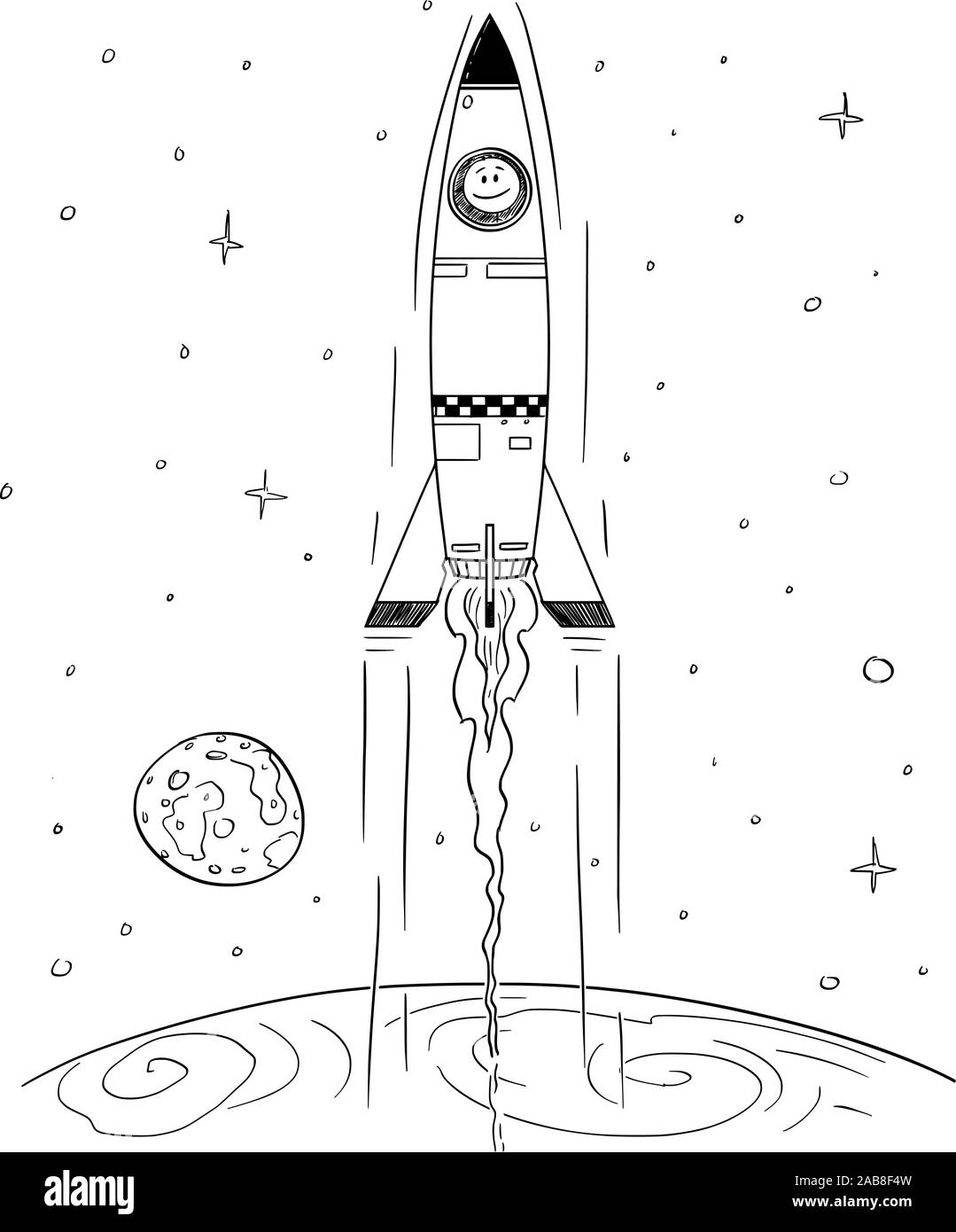 Vector cartoon stick figure drawing conceptual illustration of man in space rocket flying high in space leaving the planet Earth. Technology or business concept. Stock Vector