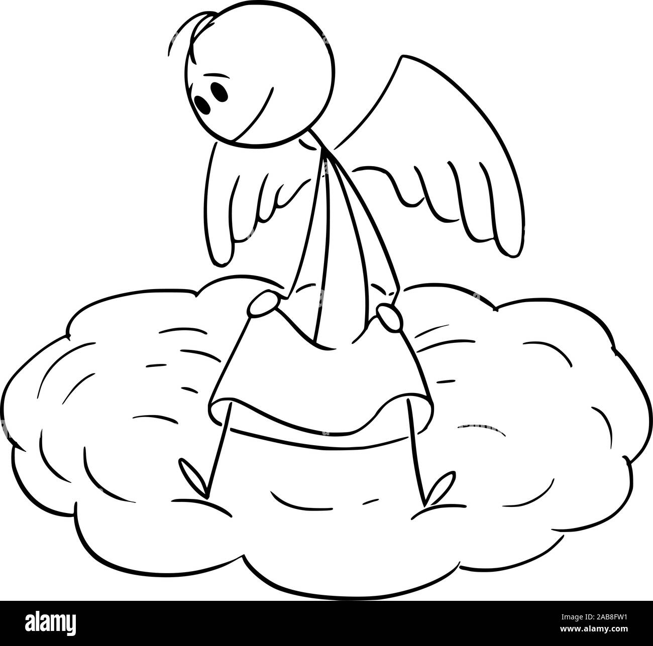 Vector cartoon stick figure drawing conceptual illustration of man sitting on cloud and watching down the world. Stock Vector