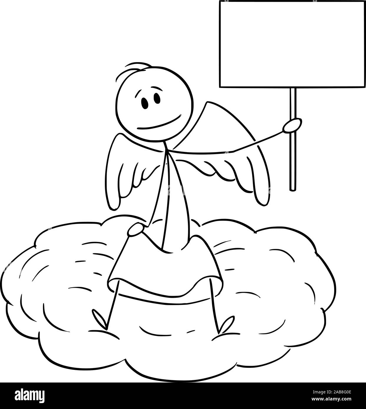 Vector cartoon stick figure drawing conceptual illustration of man sitting on cloud and holding empty sign. Stock Vector