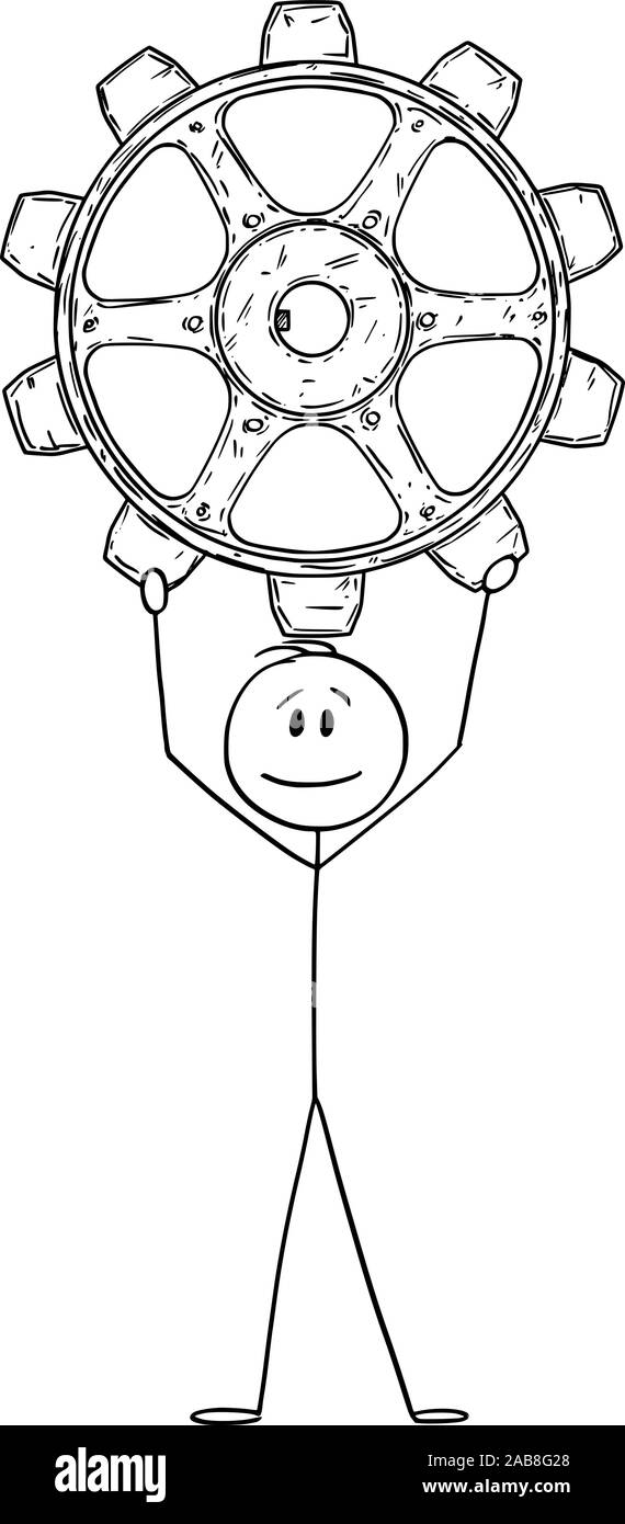 Vector cartoon stick figure drawing conceptual illustration of man or businessman holding big gear wheel,cog or cogwheel. Stock Vector