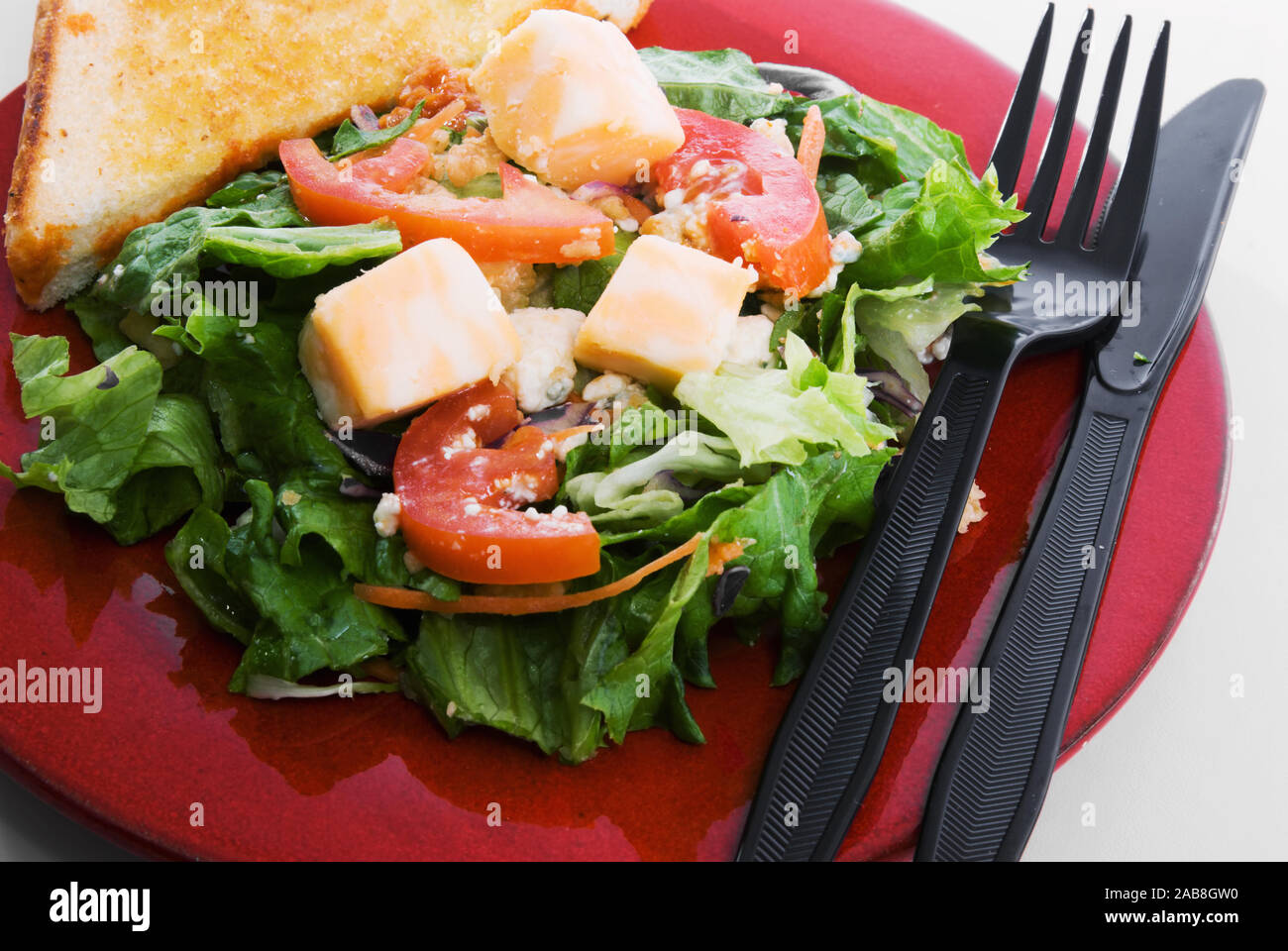A delicious healthy eating side salad with toasted bread and topped with cubes of Colby cheddar