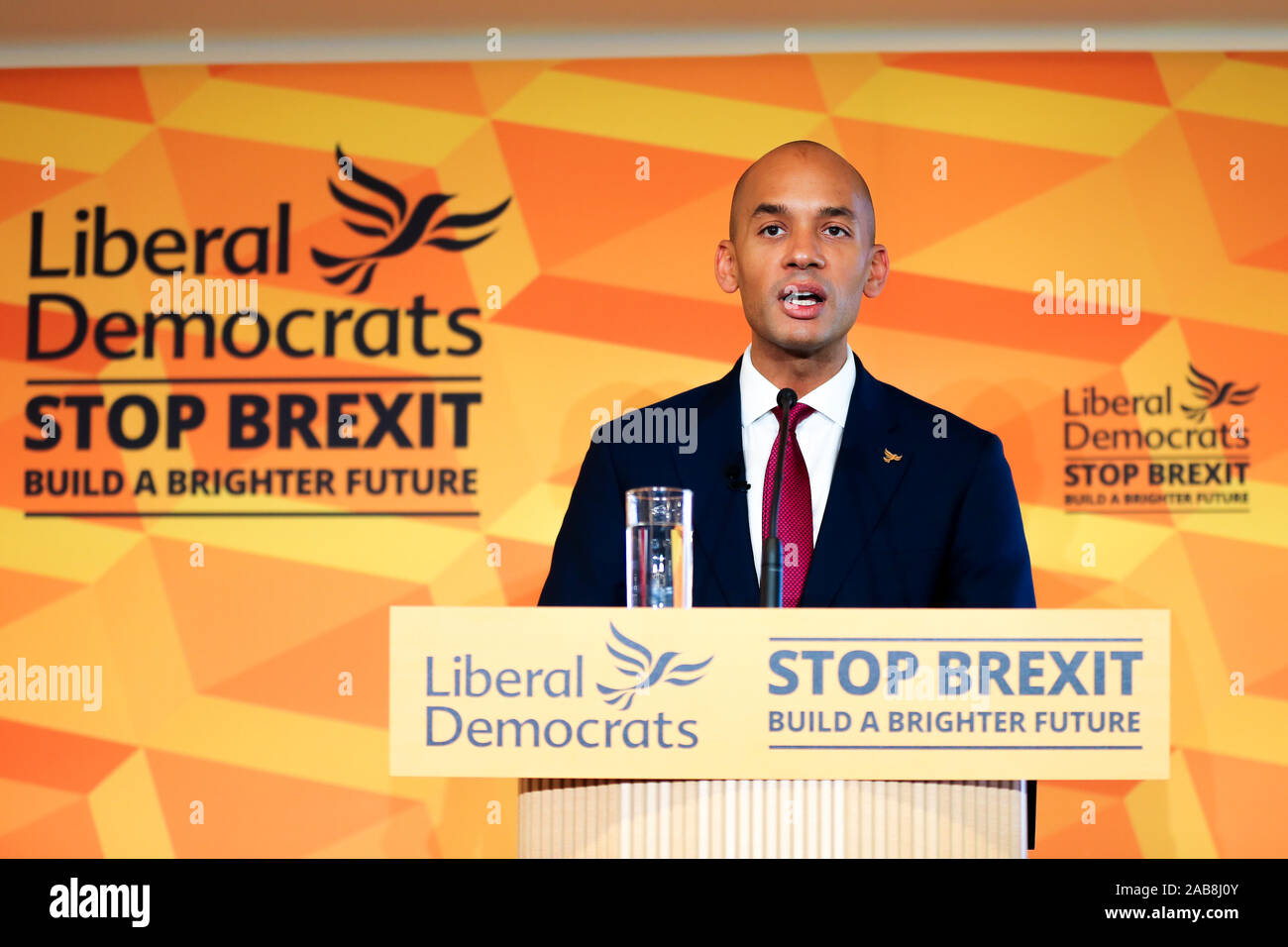Liberal Democrat Foreign Affairs Spokesman and candidate of Cities of London & Westminster, Chuka Umunna speaks at Watford Football Club on Liberal Democrat foreign policy ahead of the NATO Leaders Conference. Stock Photo