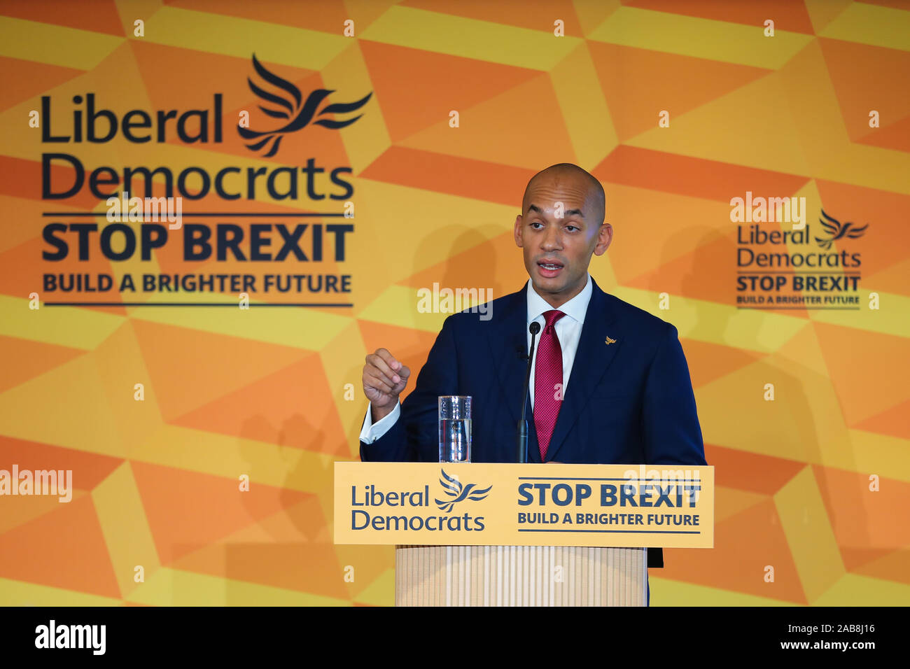 Liberal Democrat Foreign Affairs Spokesman and candidate of Cities of London & Westminster, Chuka Umunna speaks at Watford Football Club on Liberal Democrat foreign policy ahead of the NATO Leaders Conference. Stock Photo