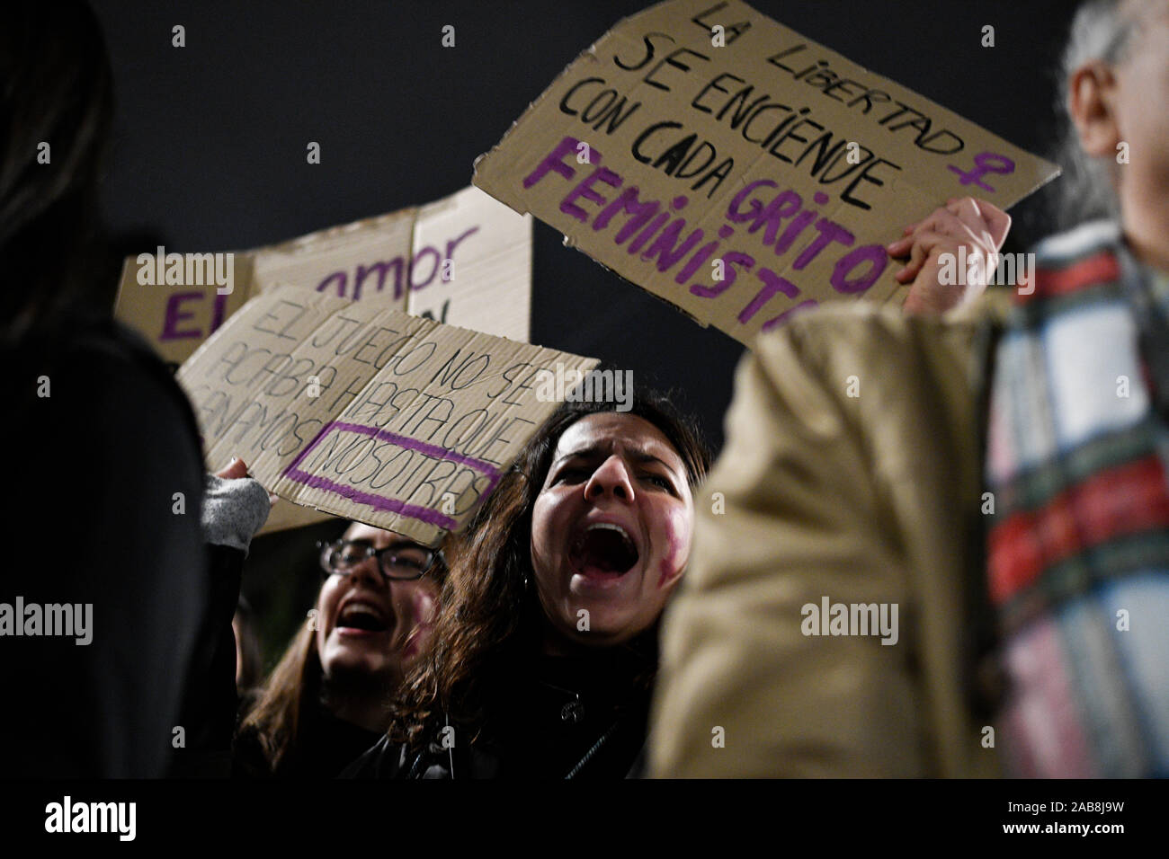 Women chant slogans while holding placards during the International Day for the Elimination of Violence against Women in Granada. Stock Photo