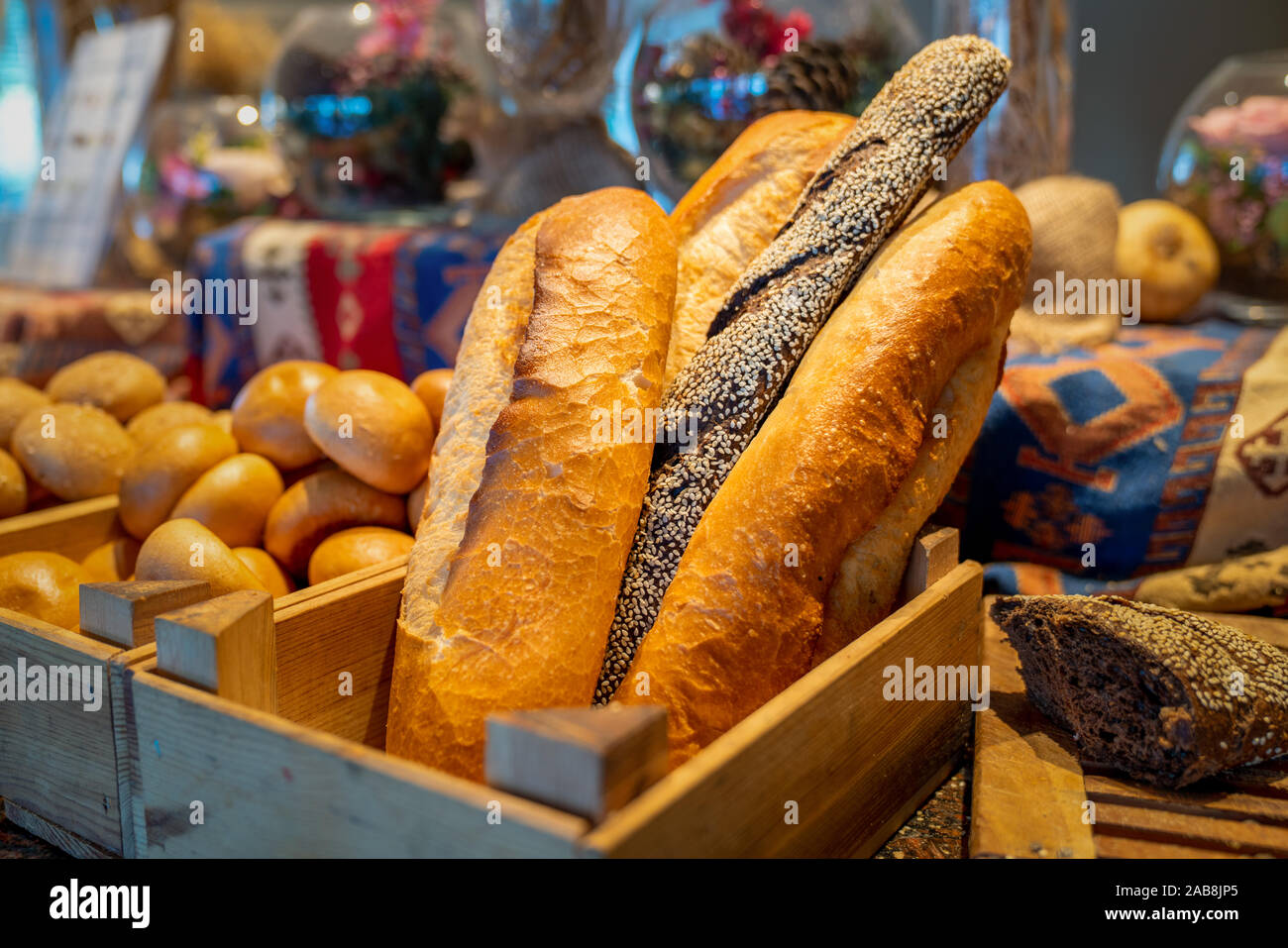 A delicious bread and bakery buffet in a elegance restaurant or hotel. Stock Photo