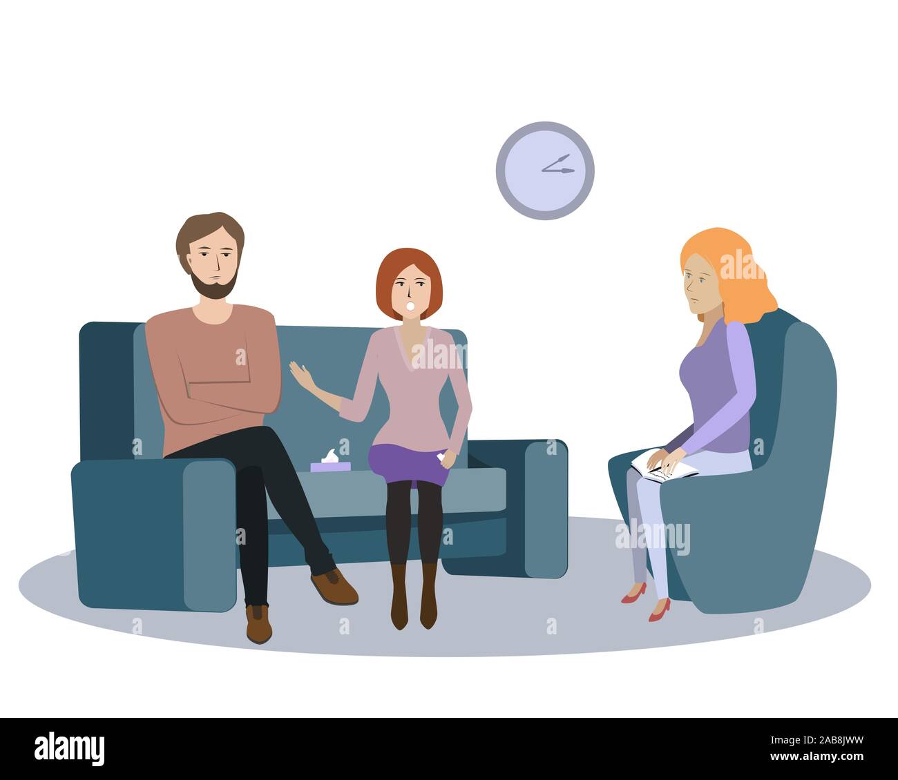 Family couple psychotherapy session, vector illustration. Young angry women speaks about her offence and resentment against the husband. Gestalt Stock Vector