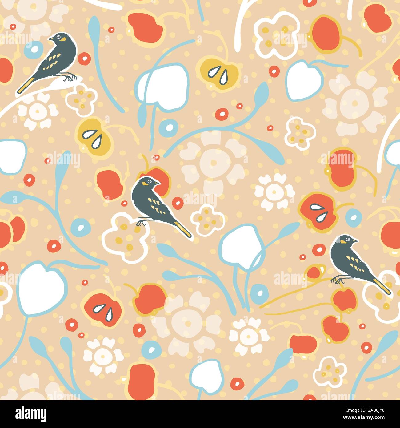 Vintage Apple Tree And Bird On Light Cream Color Dotted Background