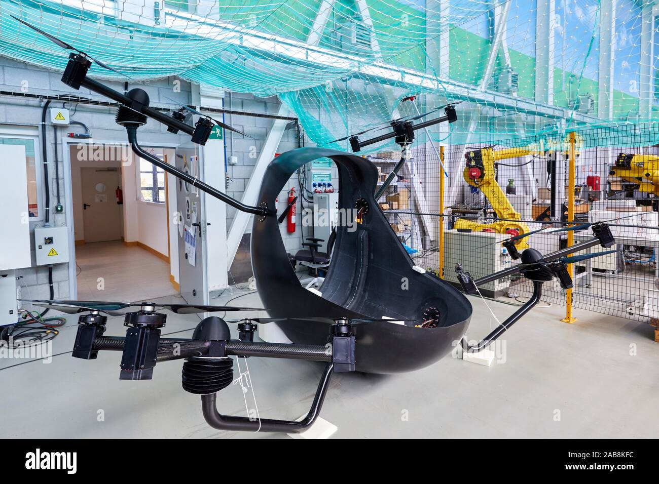 Aerotaxi for urban displacements, prototype designed for the transfer of a person, autonomously, in urban distances of 15 kilometers, Drone research Stock Photo