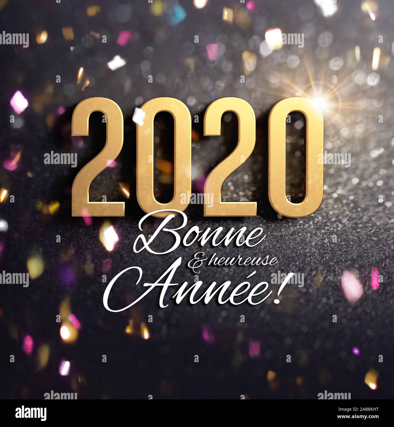 New Year date 2020 gold colored and Greetings in French language, on a festive black background, with glitters and confetti - 3D illustration Stock Photo