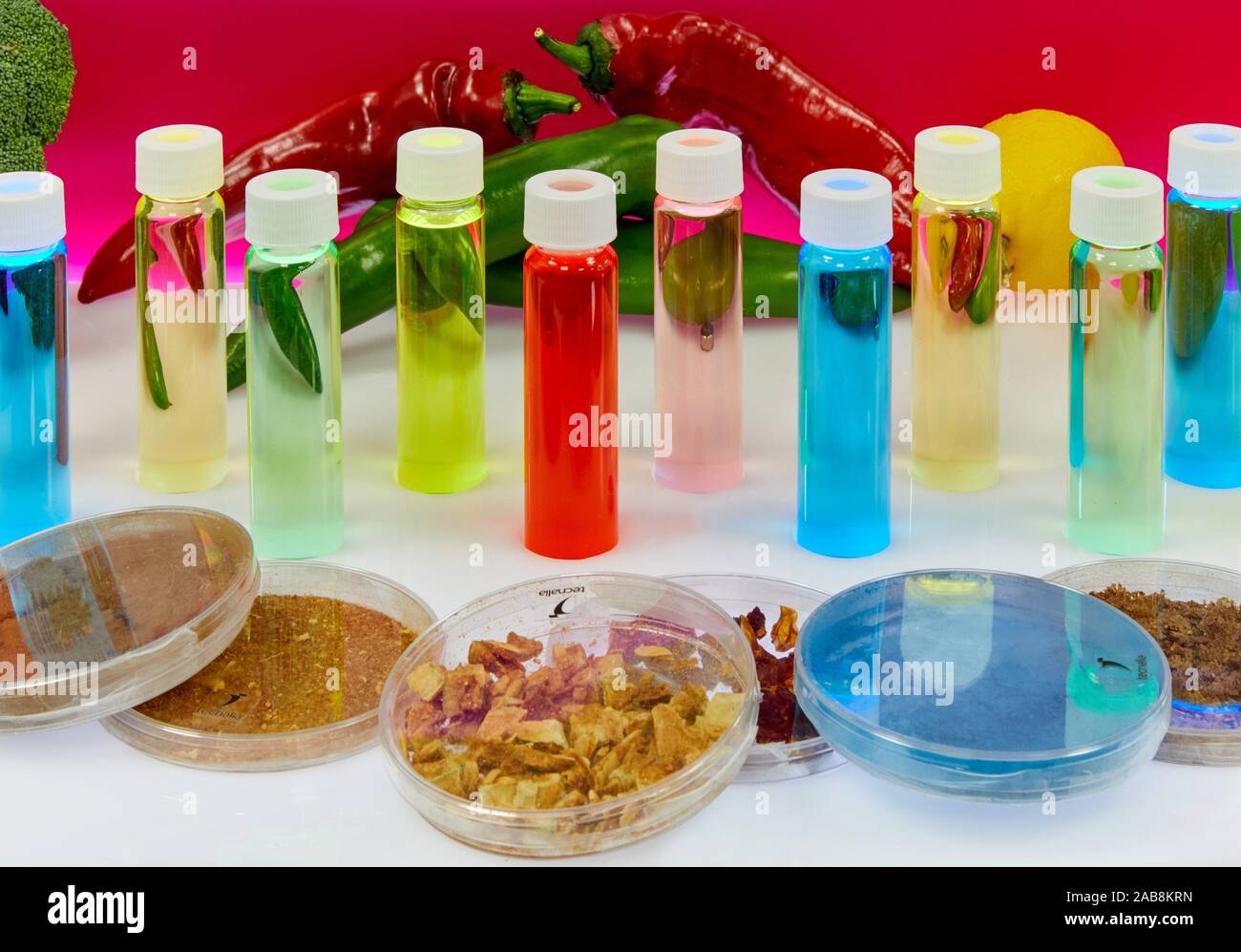 Bioactive compounds from the food industry. Extracts from raw materials and by-products from food industry obtained using ASE equipment. Colorants, Stock Photo