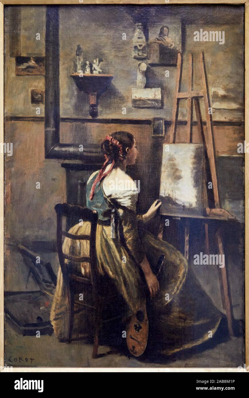 L'Atelier de Corot. Jeune femme assise devant un chevalet"", 1865-1870,  Camille Corot, 1796-1875, Musée du Louvre, Paris, France, Europe Stock  Photo - Alamy