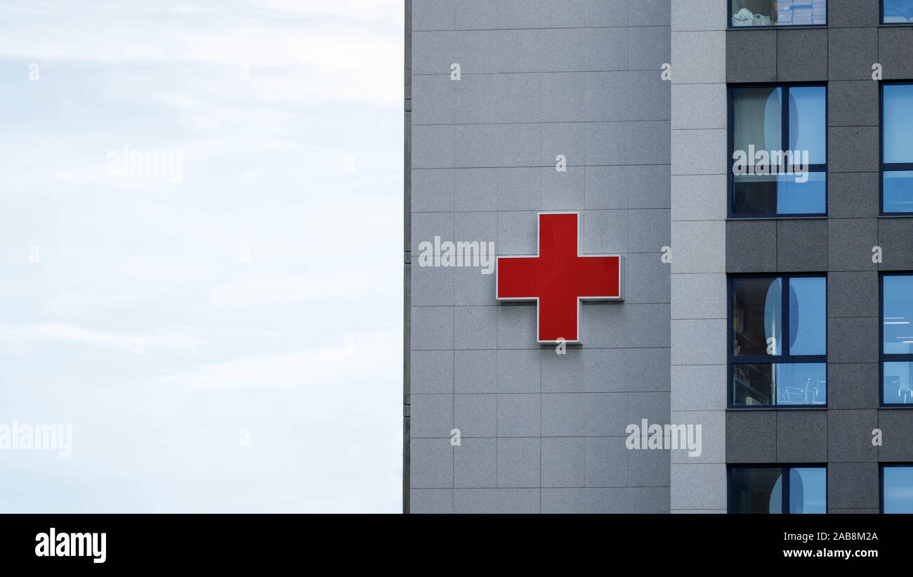 Coruna / Spain - November 20 2019: Red Cross society hospital sign in Coruna Spain Stock Photo