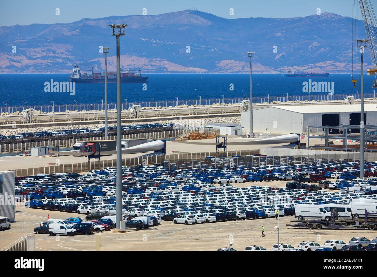 Ro-Ro car loading dock, Commercial Port of Tangier MED, Strait of Gibraltar, Tangier, Morocco, Africa, Stock Photo