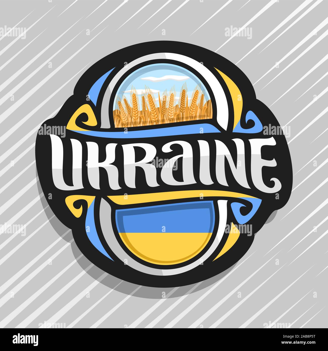 Vector logo for Ukraine country, fridge magnet with ukrainian flag, original brush typeface for word ukraine and ukrainian symbols - blue cloudy sky a Stock Vector