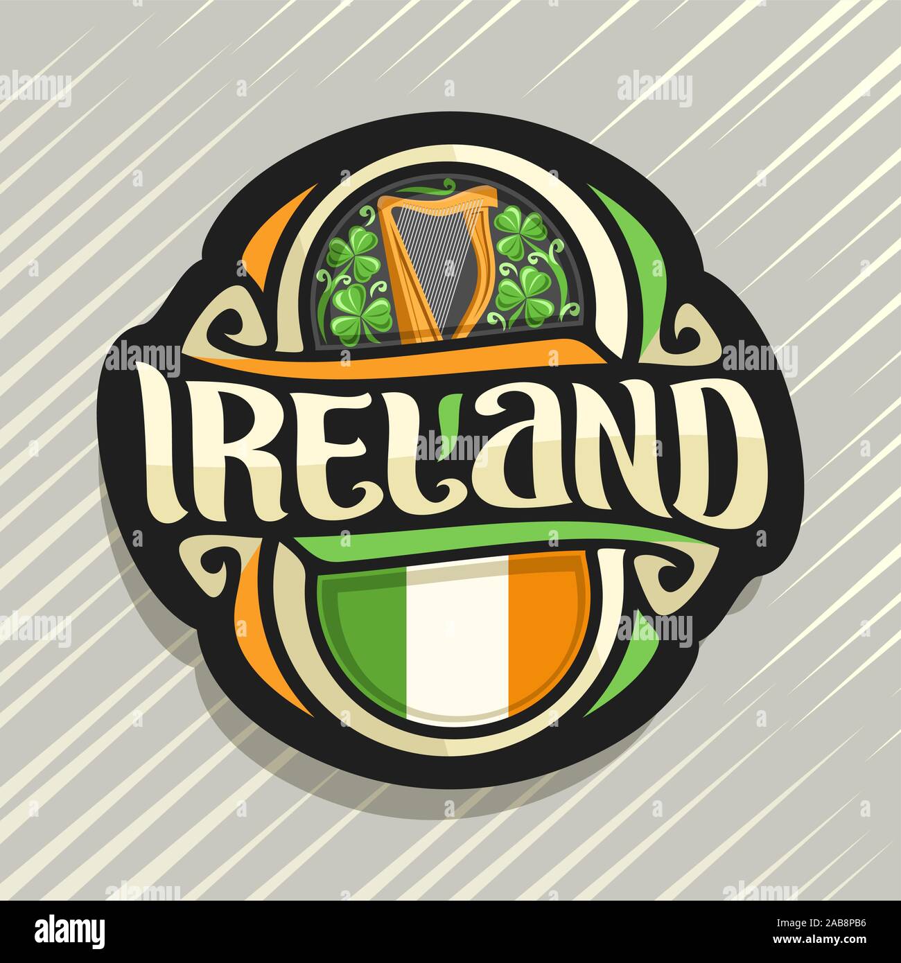 Vector logo for Ireland country, fridge magnet with irish flag, original brush typeface for word ireland and irish national symbols - music instrument Stock Vector