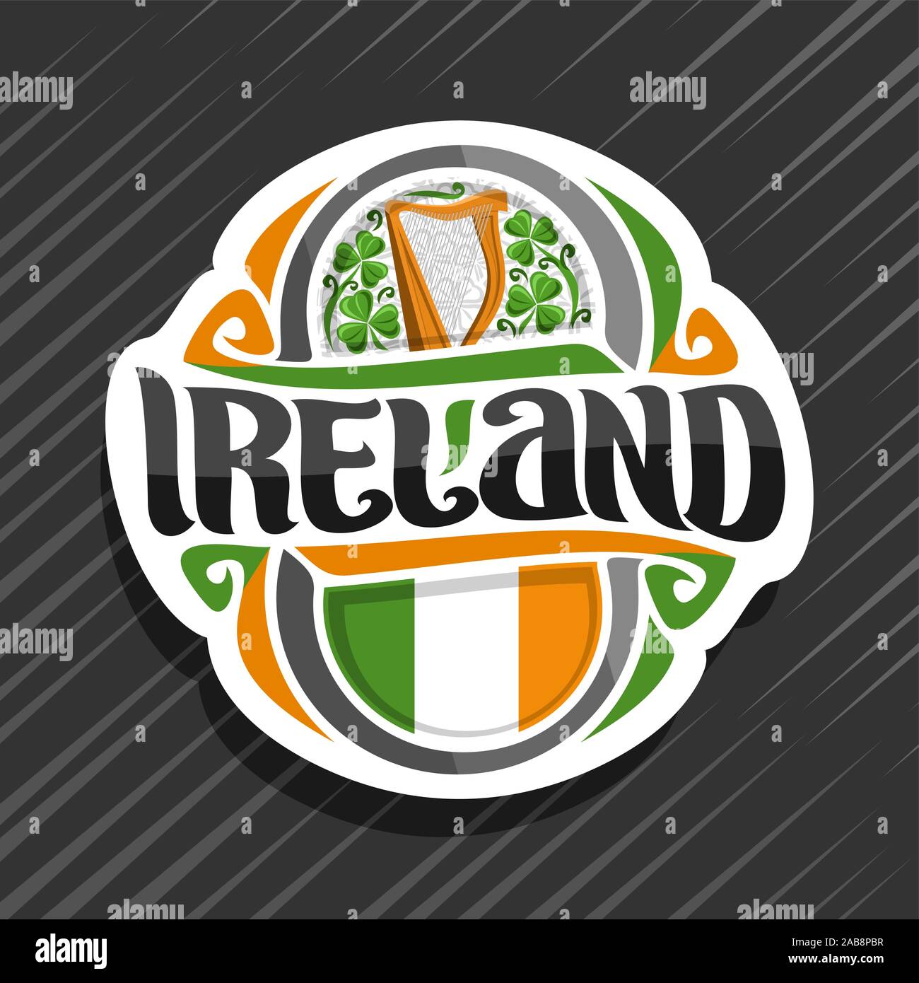 Vector logo for Ireland country, fridge magnet with irish flag, original brush typeface for word ireland and irish national symbols - music instrument Stock Vector