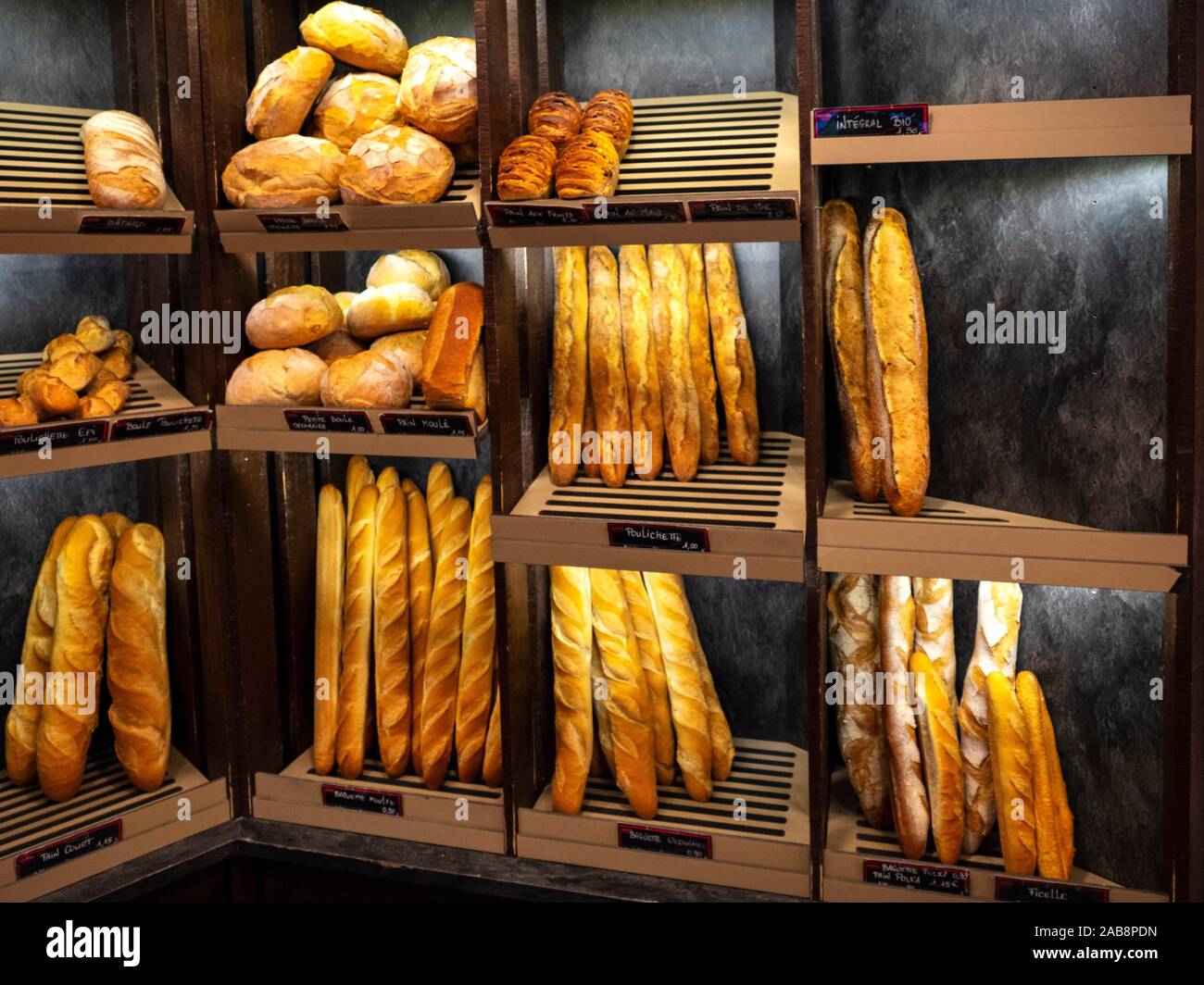 France, food, different kind of french breads in a bakery at La Mothe