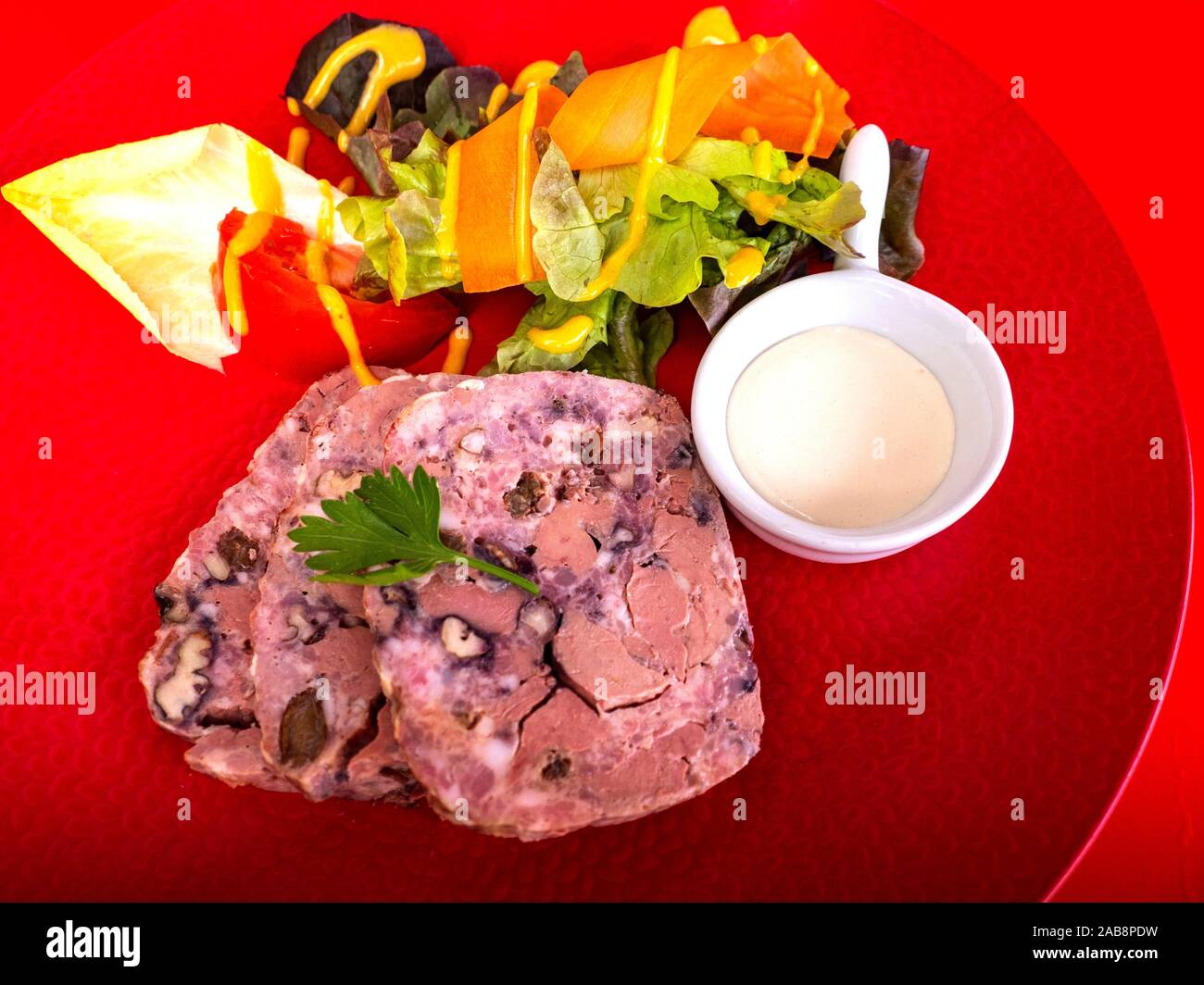 France, food, ''Galantine de foie de canard'' (Duck lever with pork meat and nuts) Stock Photo