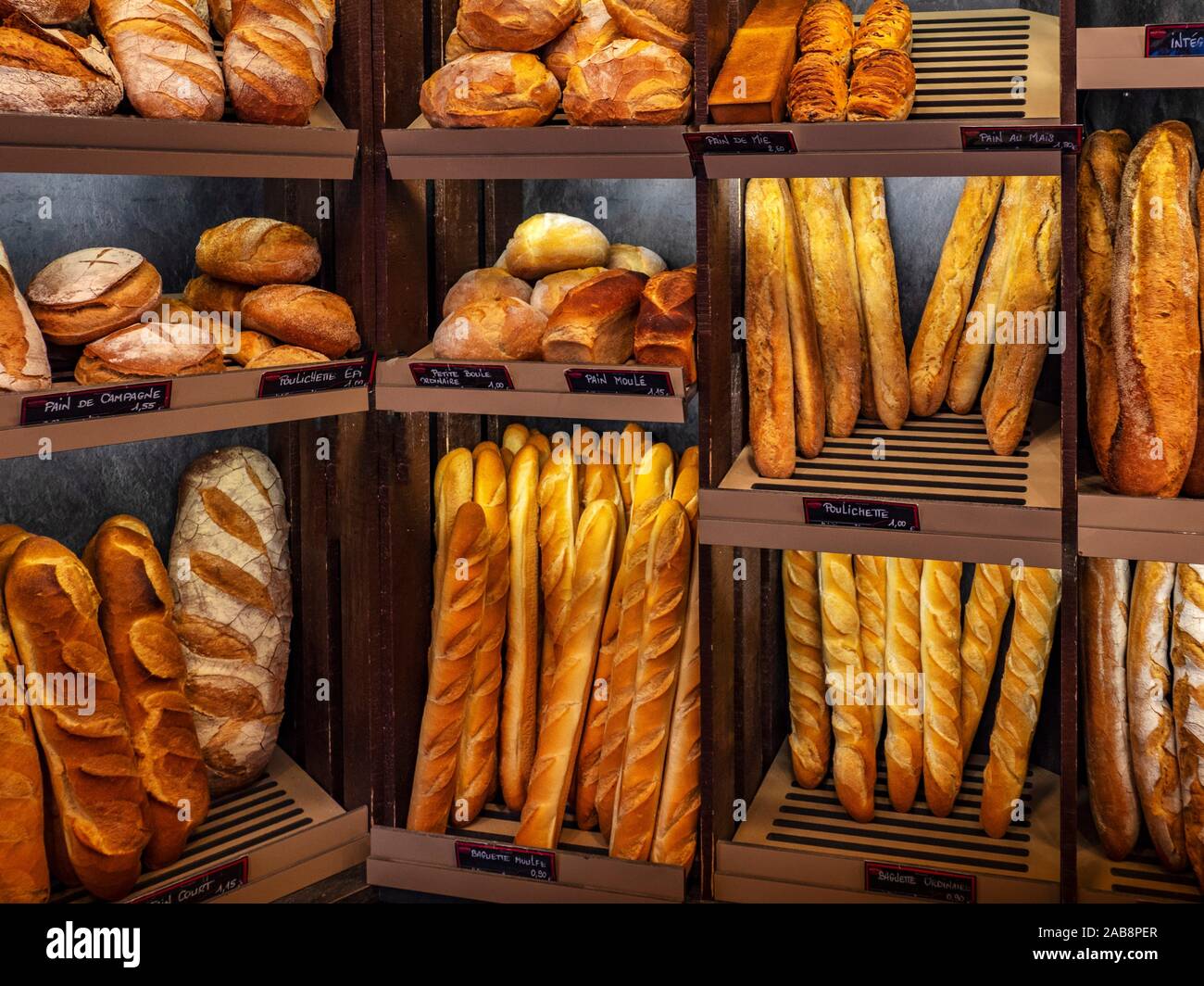 France, Pays de Loire, Vendée, all kind of frnch breads,''Flute'',''Baguette, etc., in a bakery at La Mothe Achard. Stock Photo
