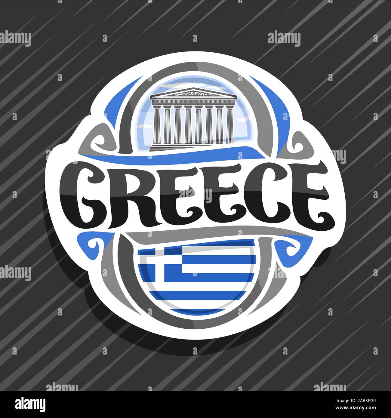 Vector logo for Greece country, fridge magnet with greek flag, original brush typeface for word greece and greek symbol - ancient landmark - temple Pa Stock Vector