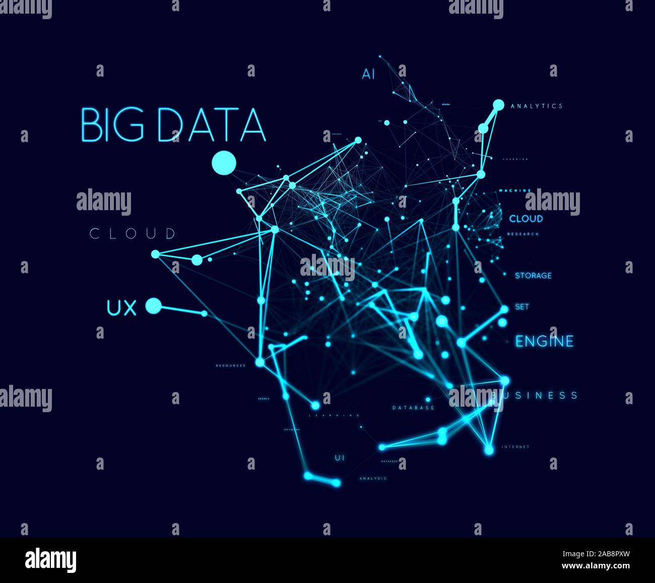 Big data concept in word tag cloud with plexud dot and line connection. Geometric background illustration. Stock Photo