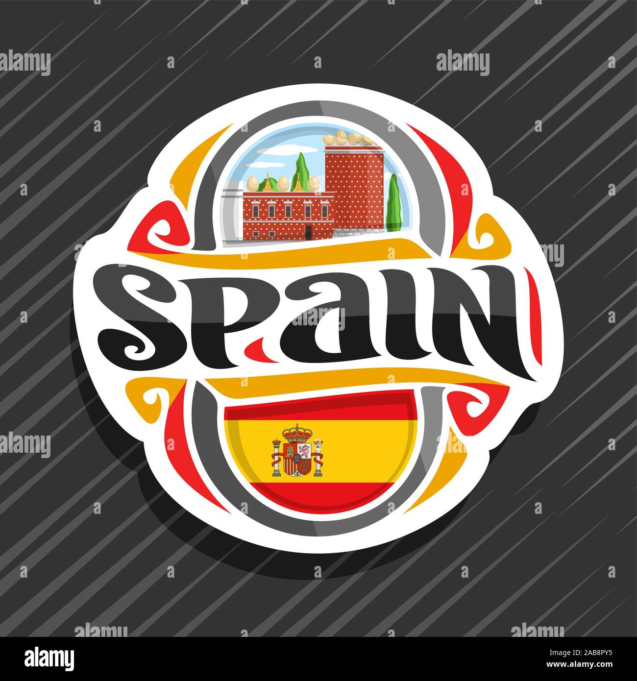 Vector logo for Spain country, fridge magnet with spanish flag, original brush typeface for word spain, spanish symbol - museum and theatre of Salvado Stock Vector