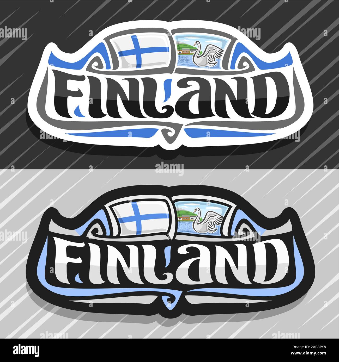 Vector logo for Finland country, fridge magnet with finnish flag, original brush typeface for word finland and finnish symbol - white swan in lake of Stock Vector