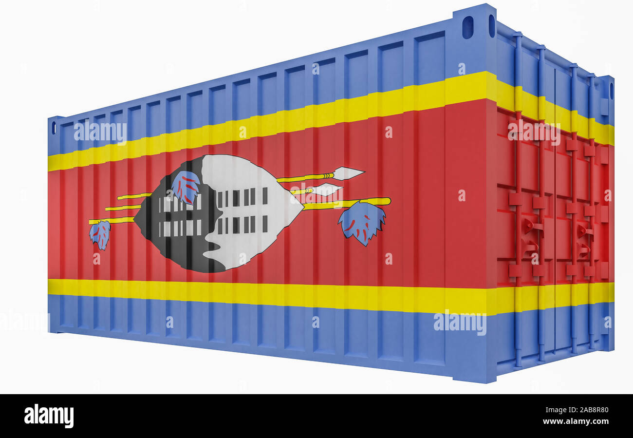 3D Render of Cargo Container with Swaziland Eswatini Flag Stock Photo