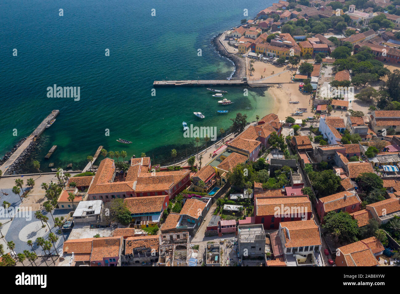 Aerial view of Goree Island. Gorée. Dakar, Senegal. Africa. Photo made by drone from above