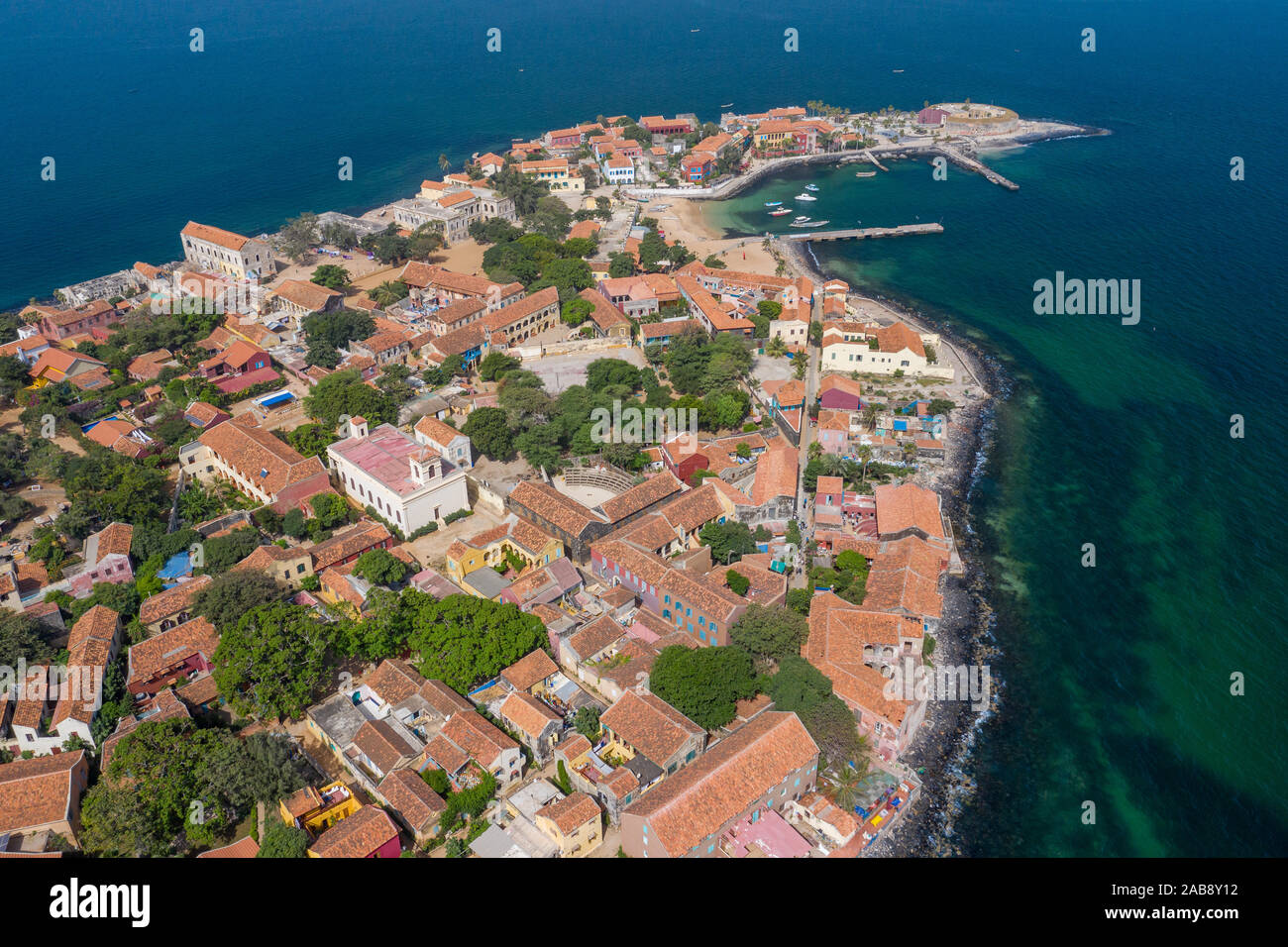 Aerial view of Goree Island. Gorée. Dakar, Senegal. Africa. Photo made by drone from above. UNESCO World Heritage Site. Stock Photo