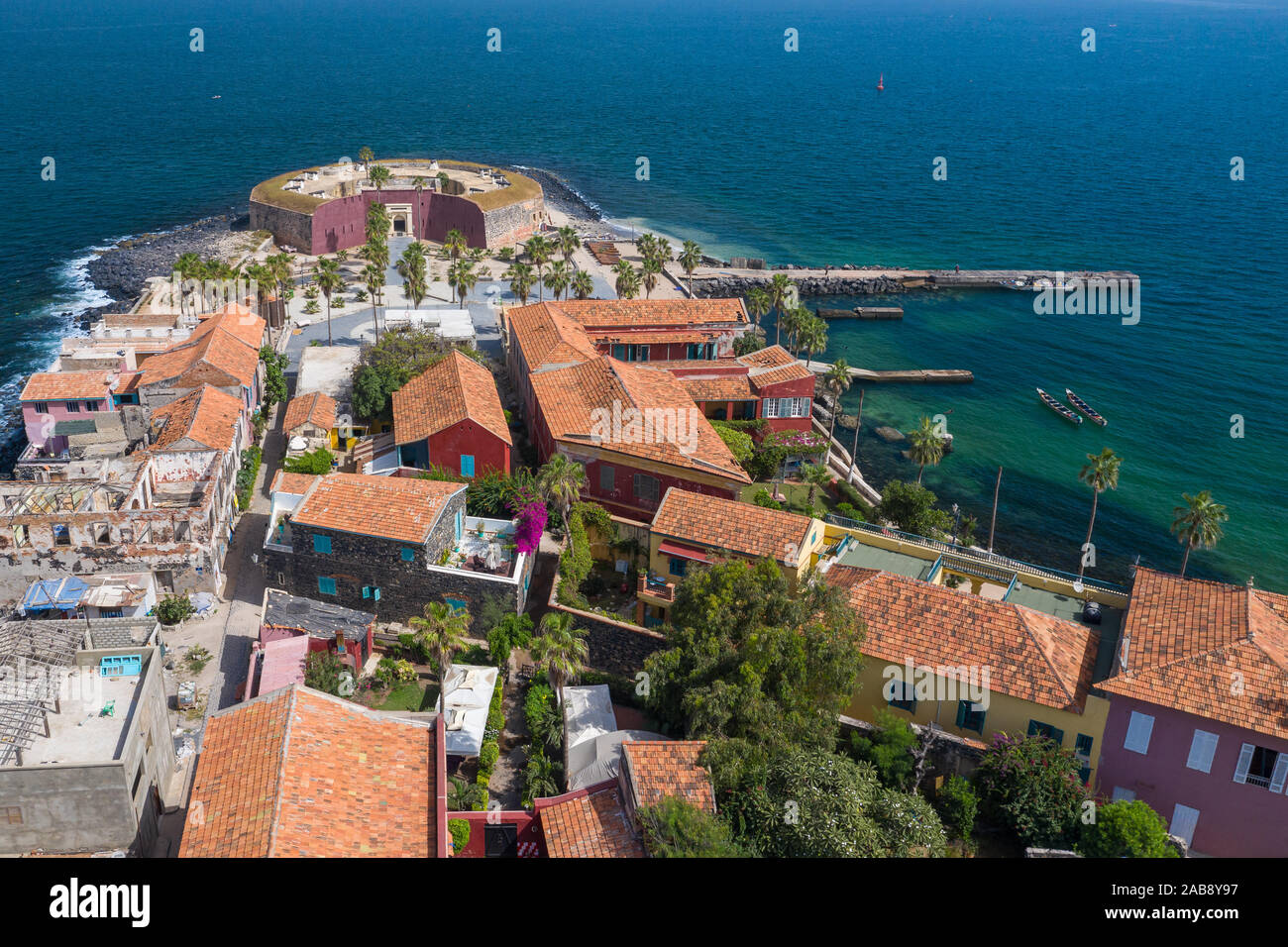 Aerial view of Goree Island. Gorée. Dakar, Senegal. Africa. Photo made by drone from above