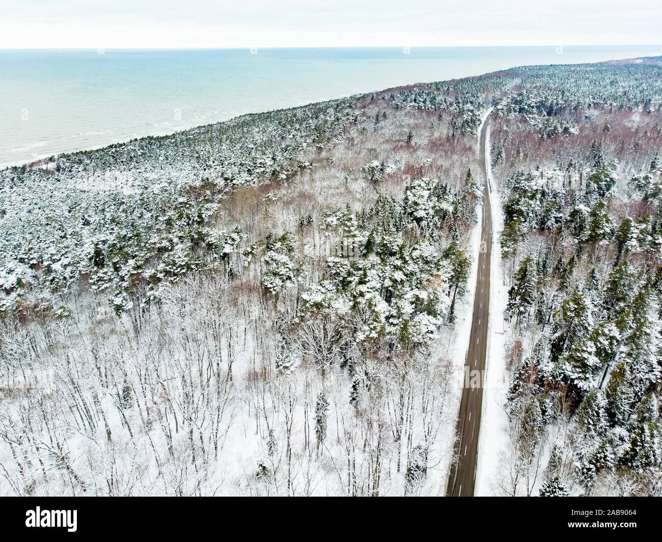 Beautiful aerial view of snow covered pine forests and a road winding ...