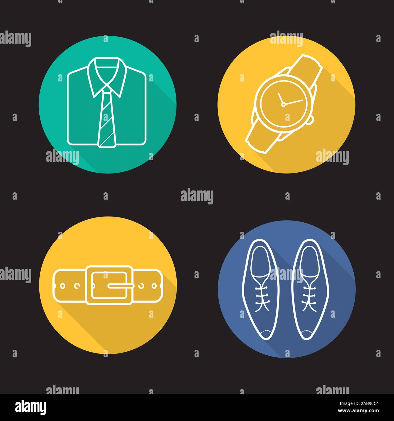 Men's clothing flat linear long shadow icons set. Folded shirt with tie, wristwatch, leather belt and classic shoes. Vector line symbols Stock Vector