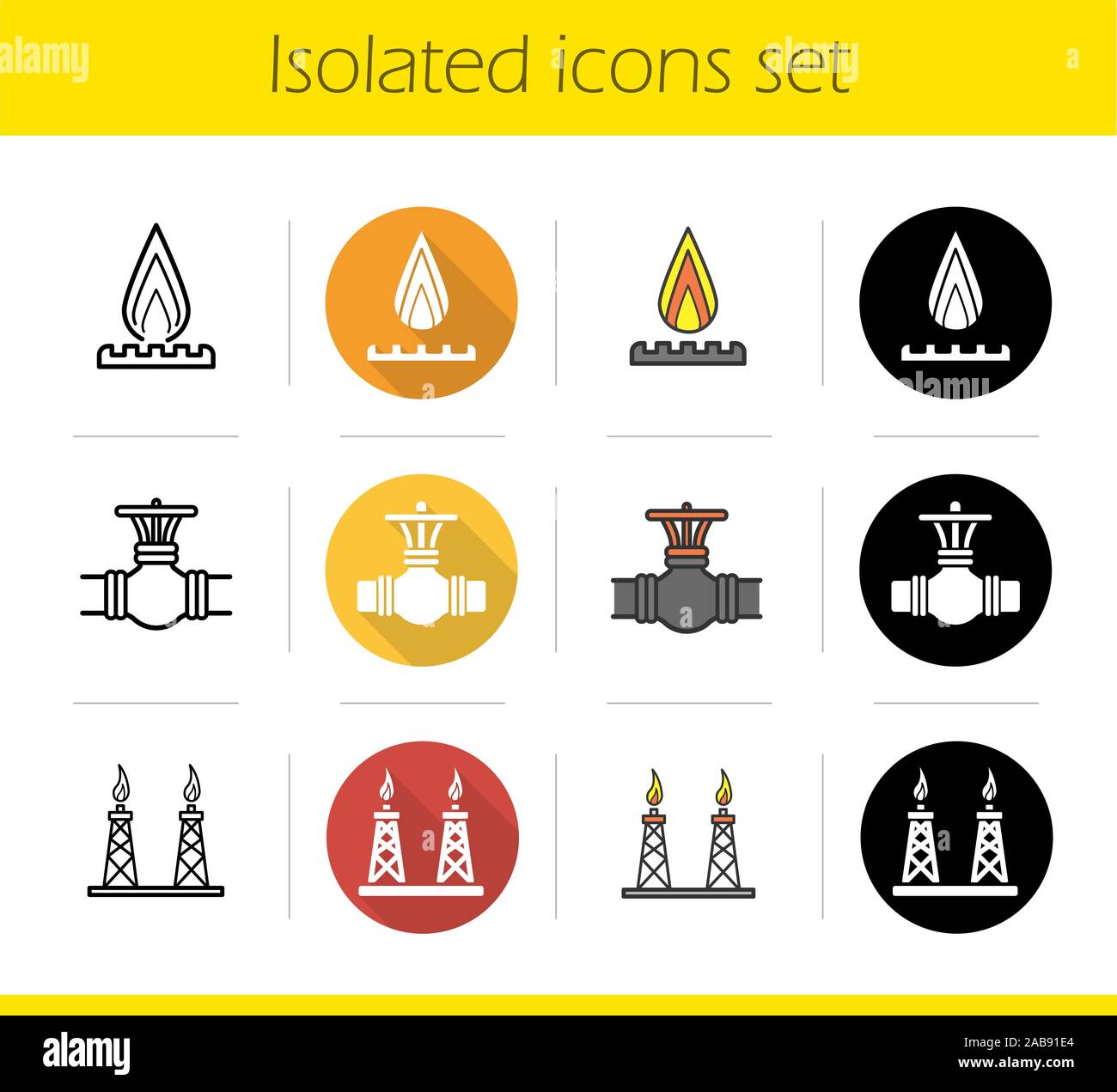 Gas industry icons set. Flat design, linear, black and color styles. Production platforms, pipe valve, gas burner symbol. Isolated vector illustration Stock Vector
