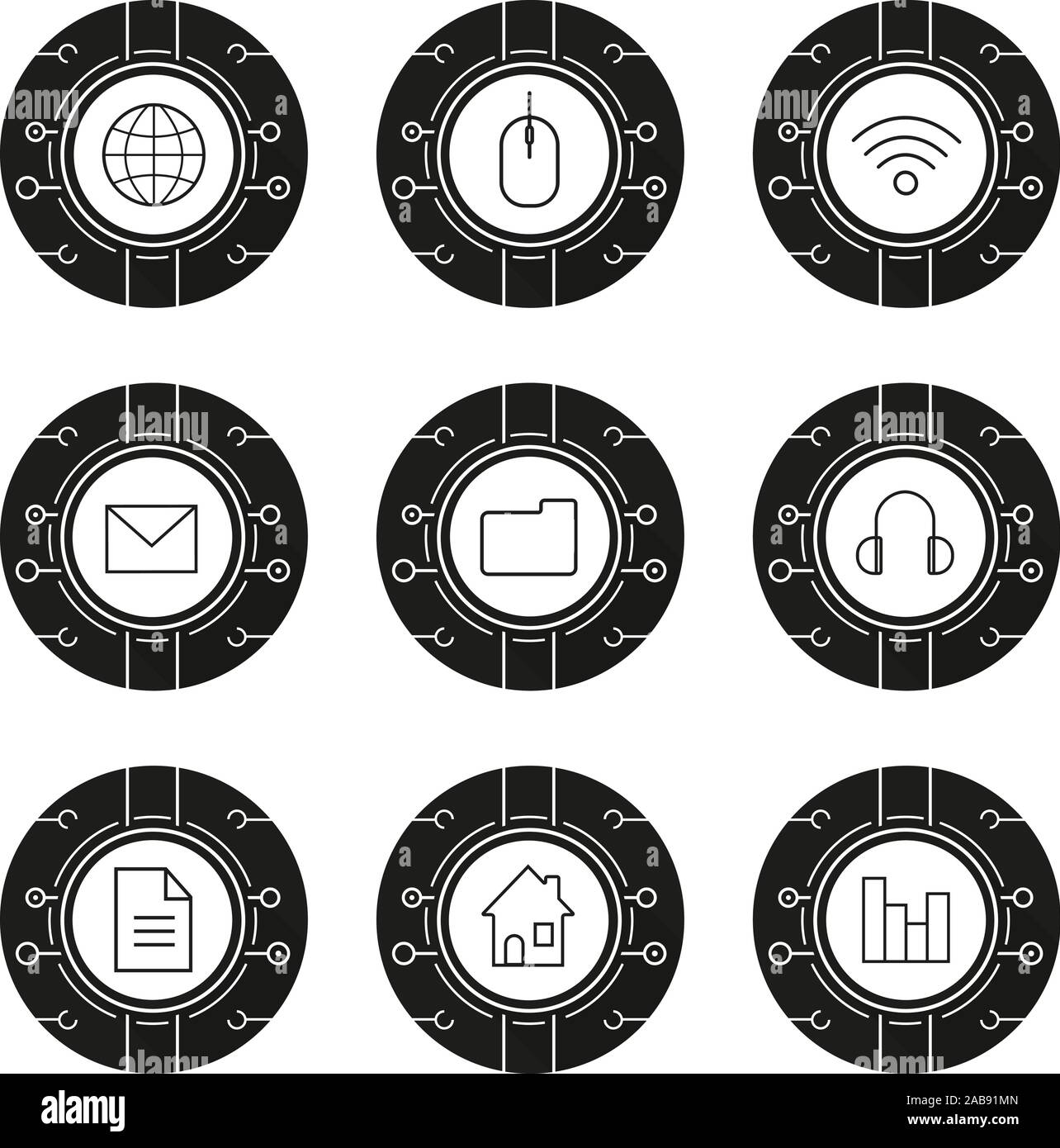 Cyber technology icons set. Cloud computing. Wifi, access, digital storage, email security, worldwide network, web document, digital music, smart hous Stock Vector