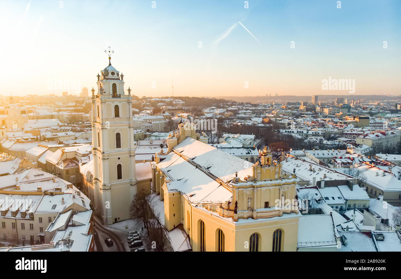 Beautiful Vilnius city panorama in winter with snow covered houses