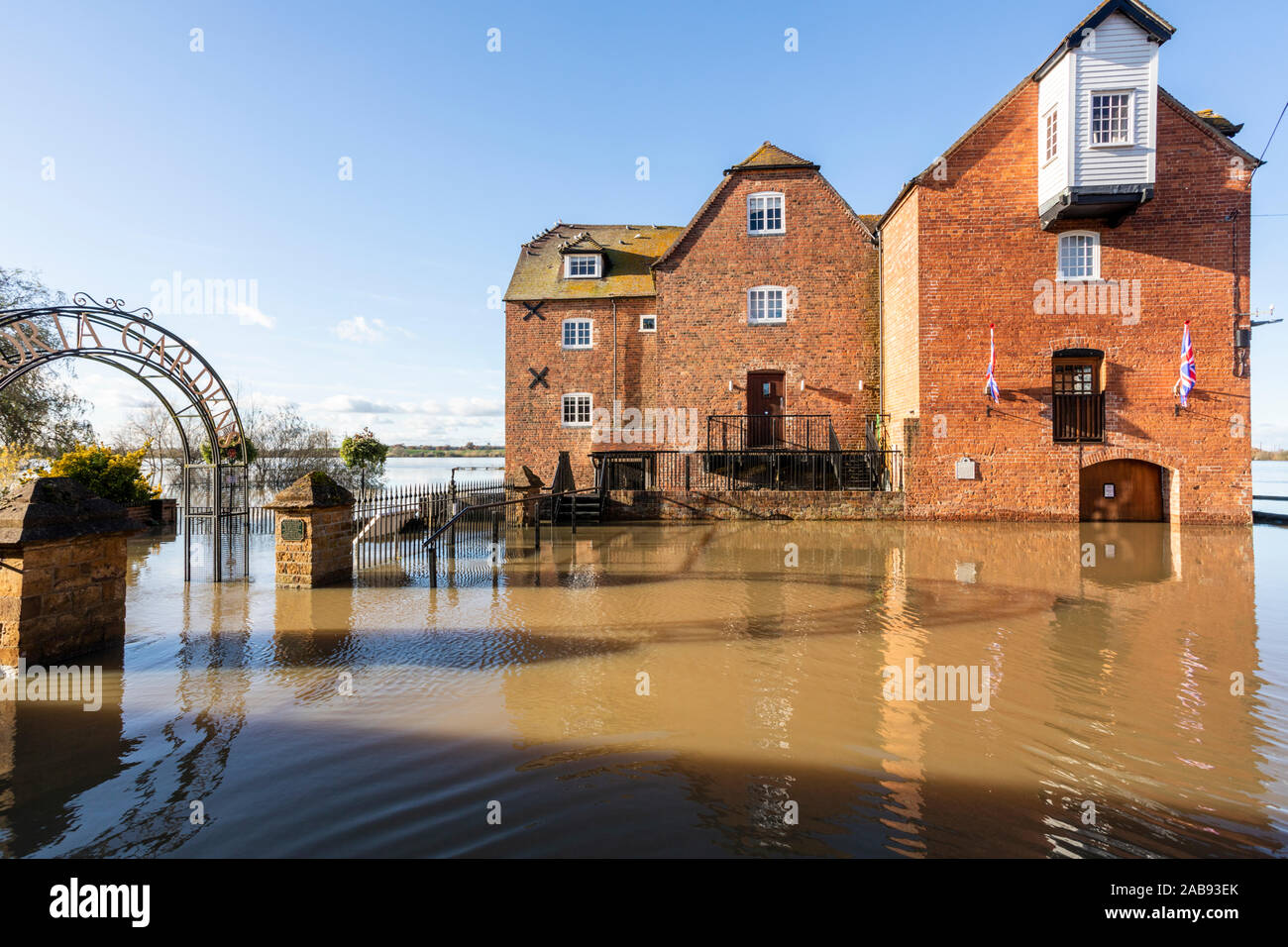Abbey Mill (Abel Fletchers Mill) surrounded by floodwater from the River Avon on 18/11/2019 at Tewkesbury, Gloucestershire UK Stock Photo