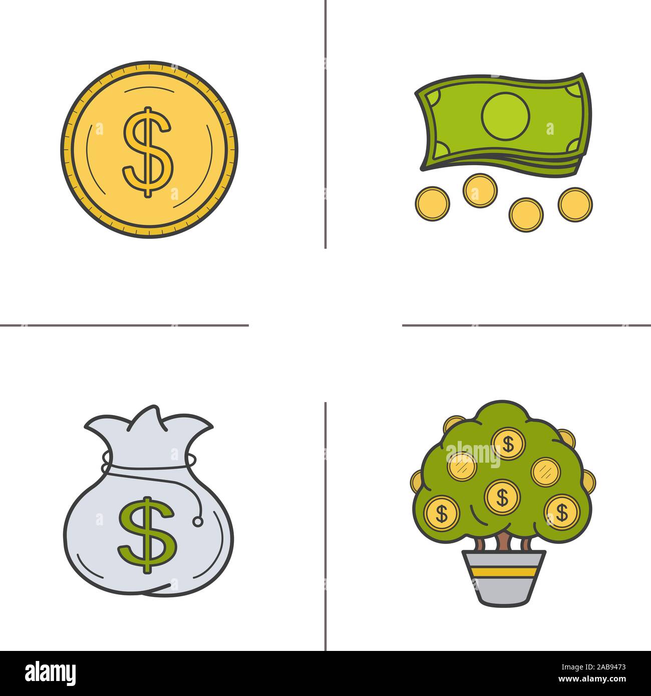Money color icons set. Dollar coin, cash, bank money bag and tree ...