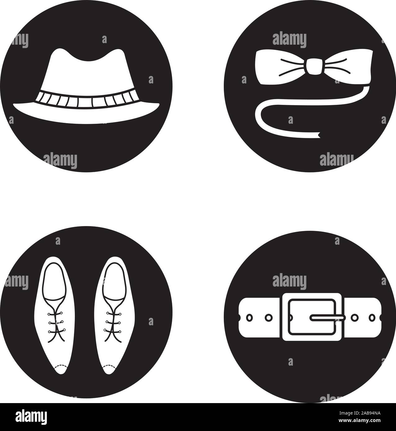 Men's accessories icons set. Homburg hat, butterfly bow tie, classic leather shoes and belt. Vector white illustrations in black circles Stock Vector