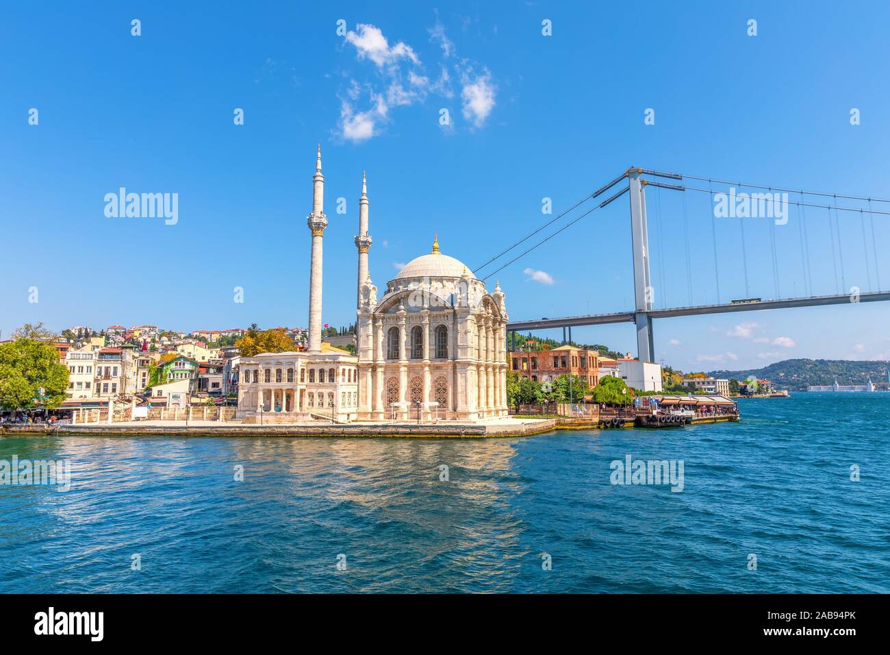 Ortakoy Mosque and view on the Bosphorus bridge in Istanbul. Stock Photo