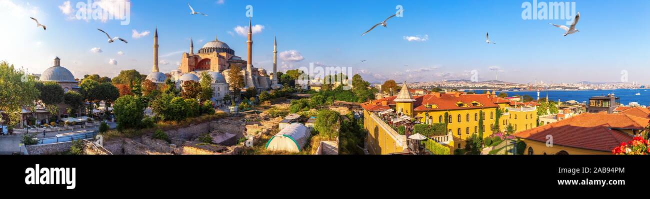 Hagia Sofia, old Turkish Hammam and the Bosphorus, beautiful Istanbul panorama. Stock Photo