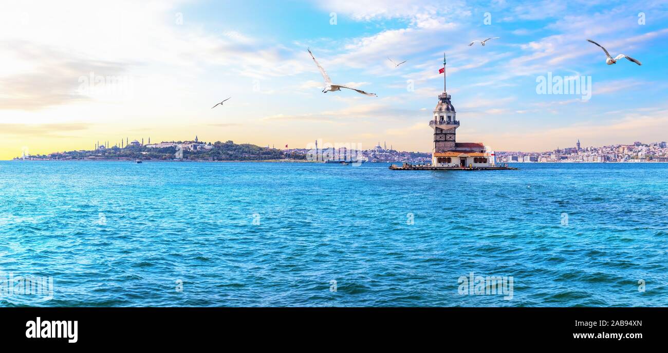 The Maiden's Tower or Leander's Tower, beautiful Istanbul panorama. Stock Photo