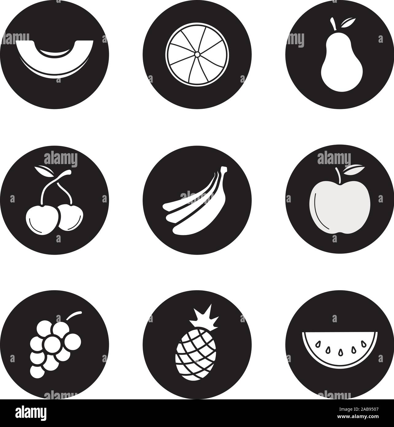 Fruit icons set. Melon slice, orange half, pear, cherries, bananas bundle, apple, grapes bunch, pineapple, watermelon. Vector white illustrations in b Stock Vector