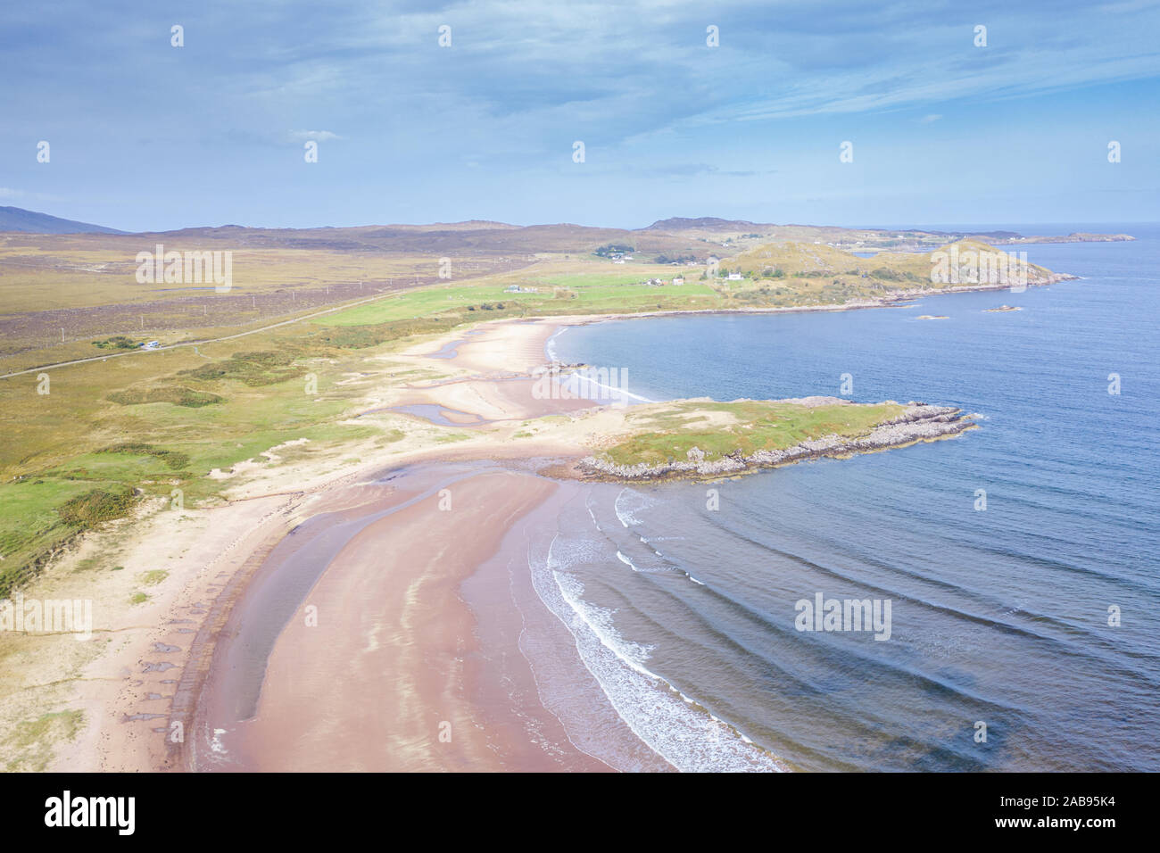 High altitude drone view at sunny day over Firemore Beach in the Northwest Highlands of Scotland - NC500 route Stock Photo
