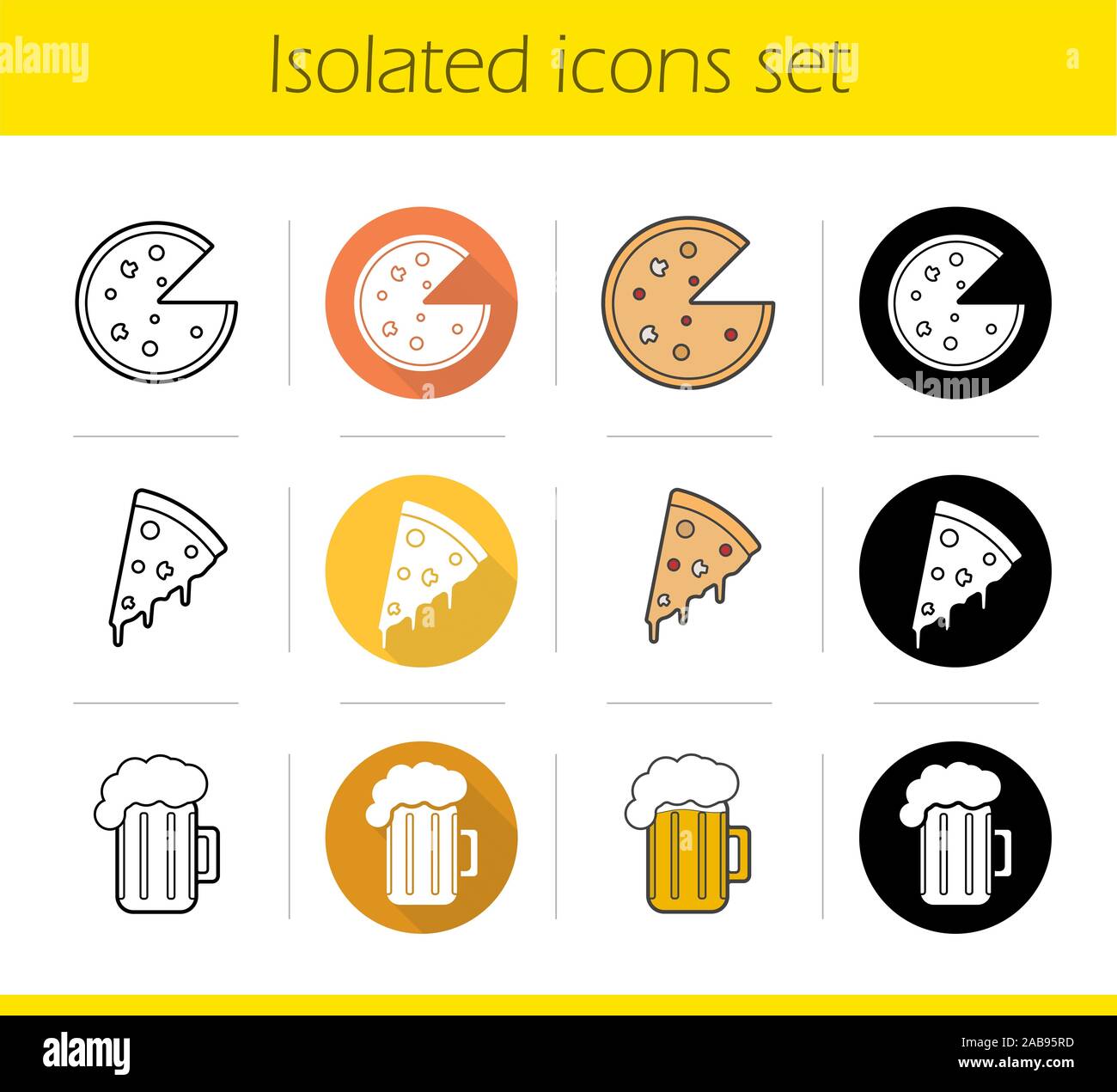 Pizzeria icons set. Flat design, linear, black and color styles. Pizza ...