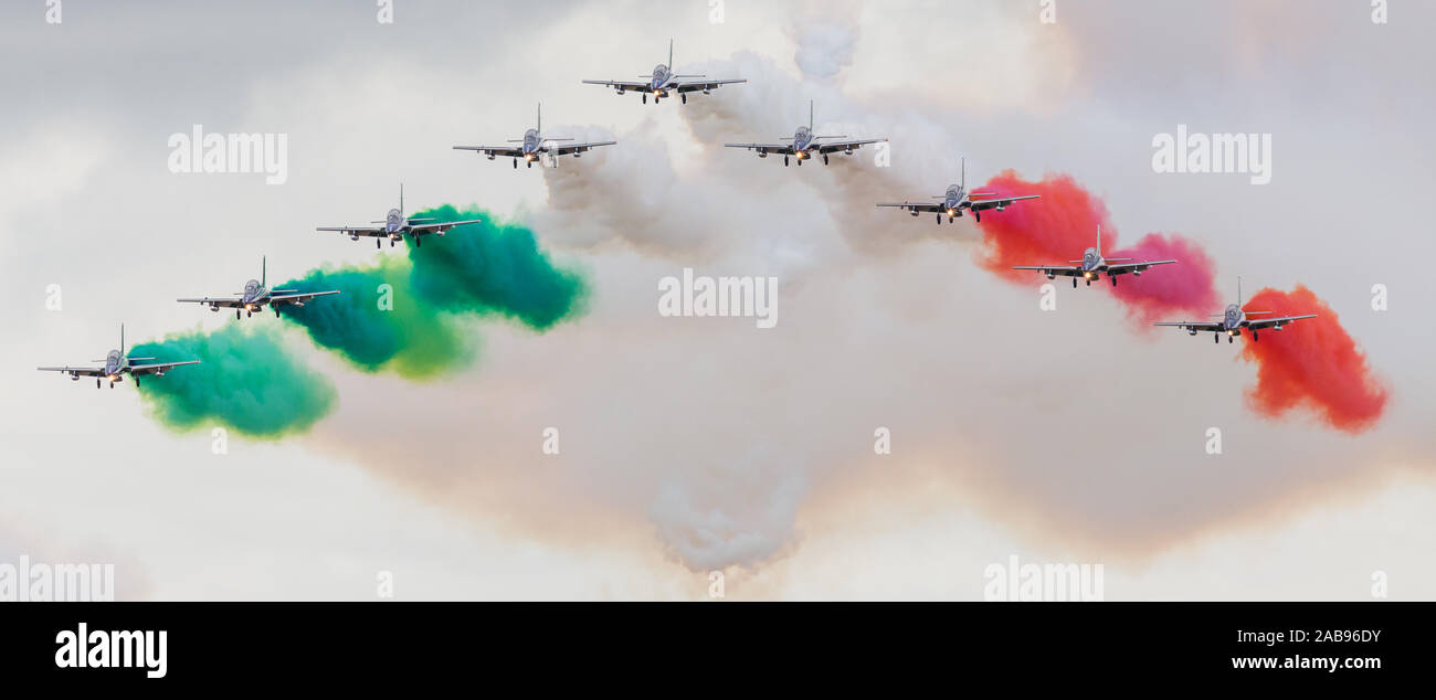 Italian Air Force display team Frecce Tricolori captured at the 2019 Royal International Air Tattoo at RAF Fairford. Stock Photo